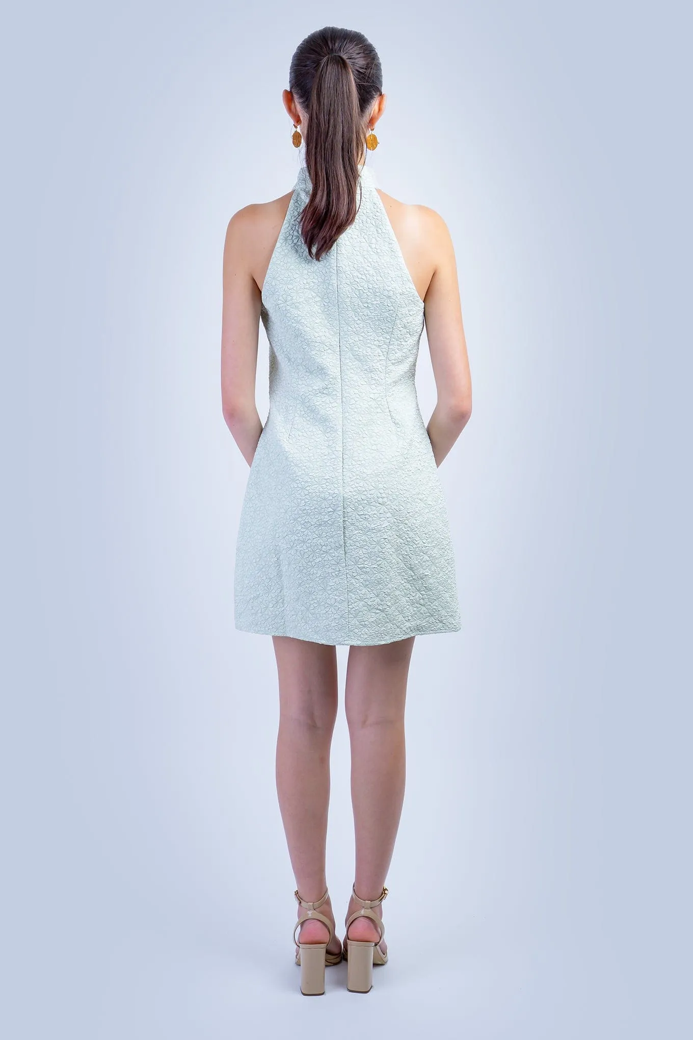Sage Flower Embossed Halter Dress
