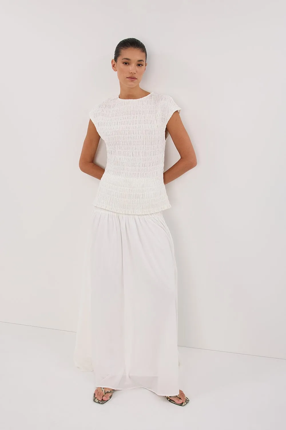 SIERRA WHITE TEXTURED MIDI SKIRT