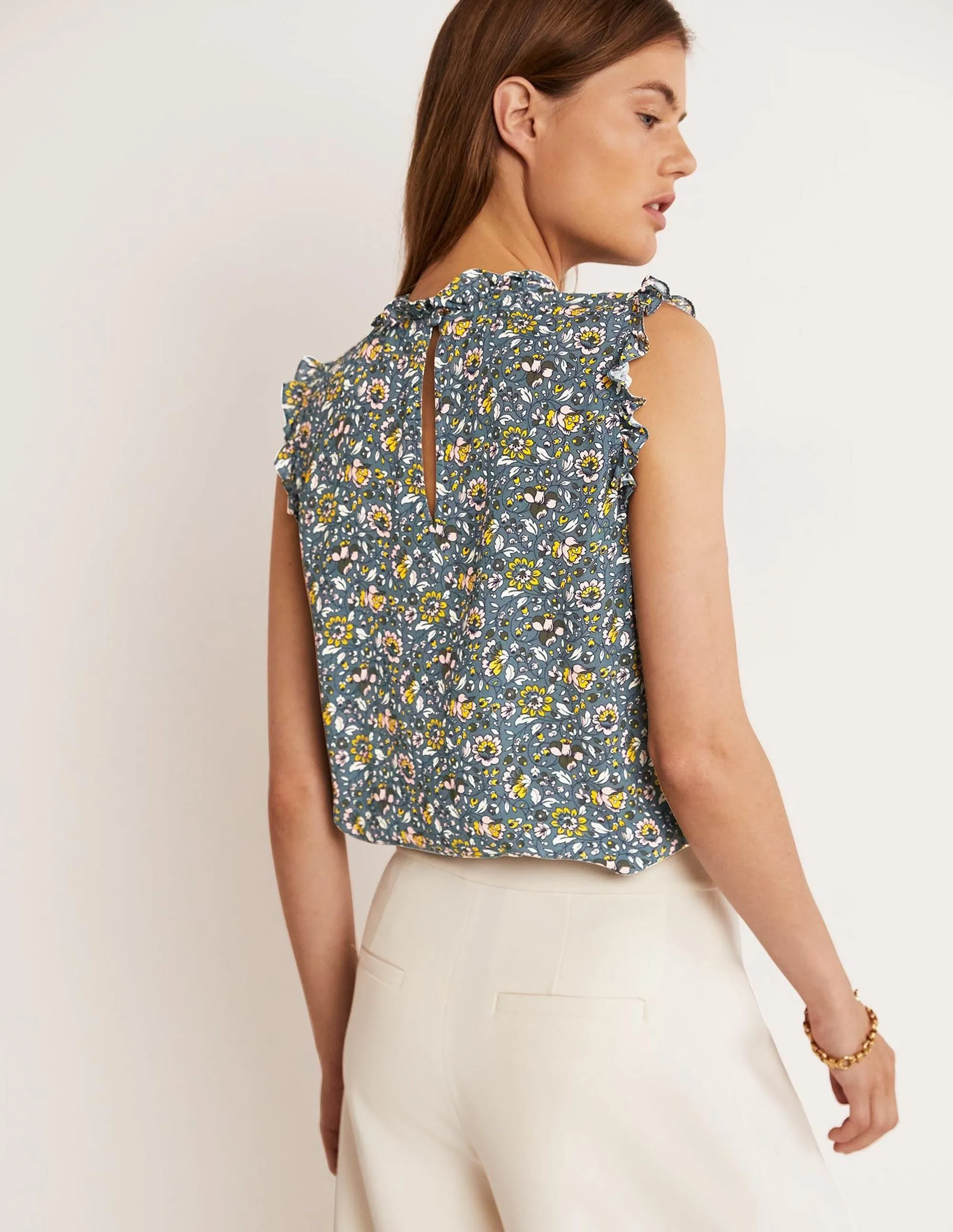 Sleeveless Smocked Top-Mid Blue. Botanic Meadow