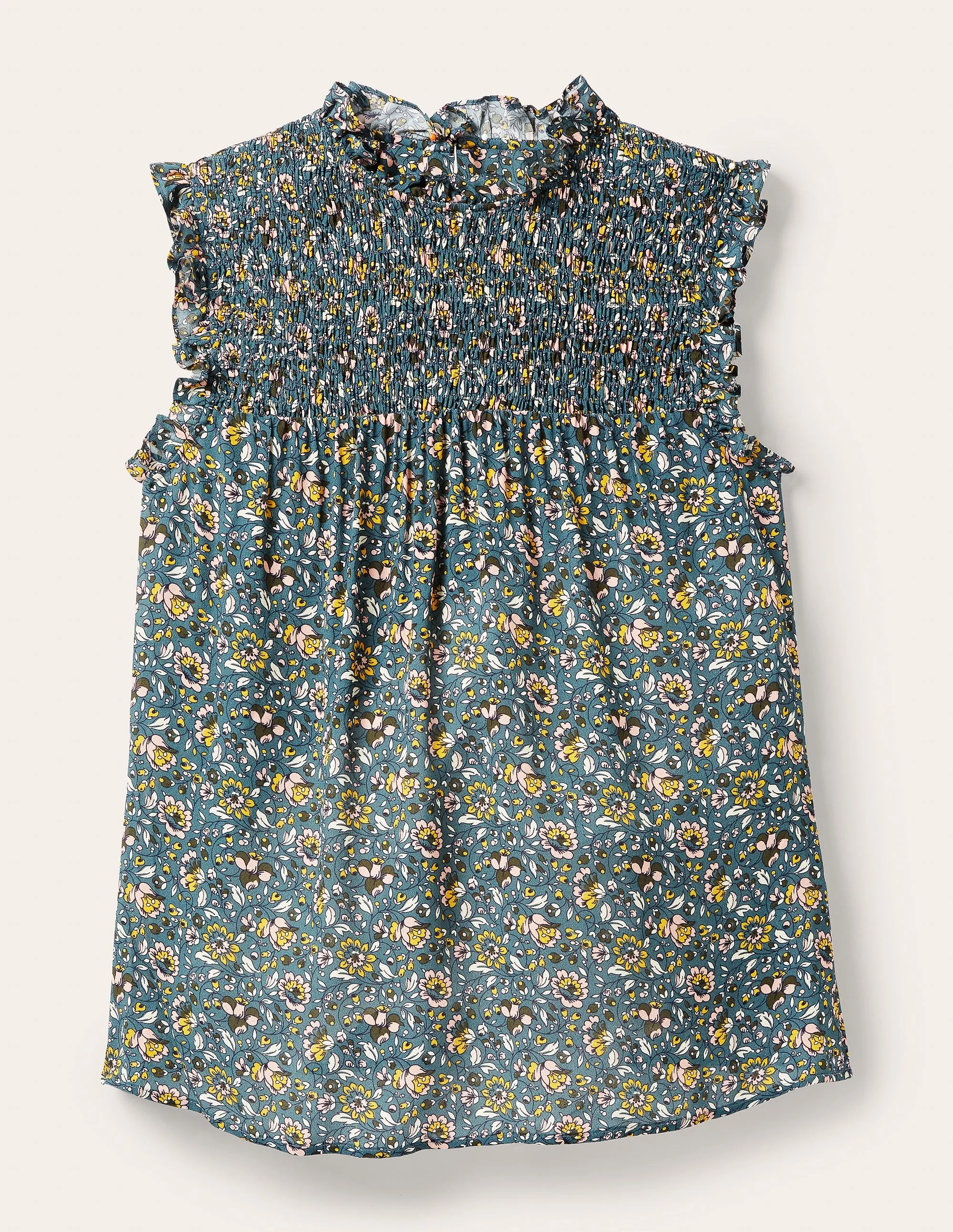 Sleeveless Smocked Top-Mid Blue. Botanic Meadow
