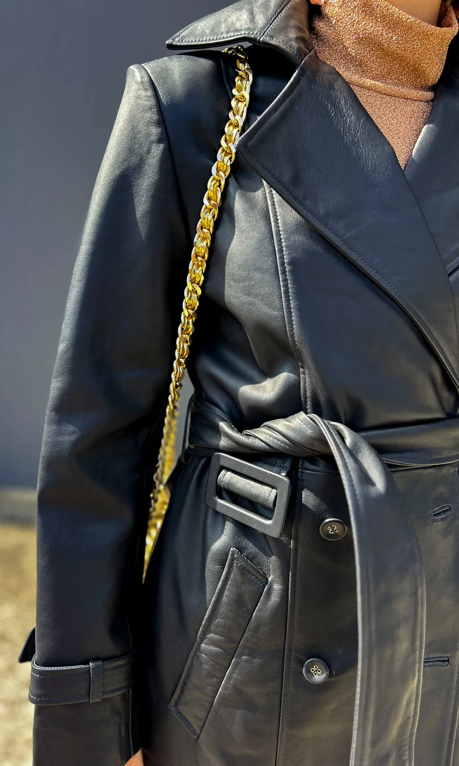 Sofia Irina Leather Trench Coat - Midnight Blue