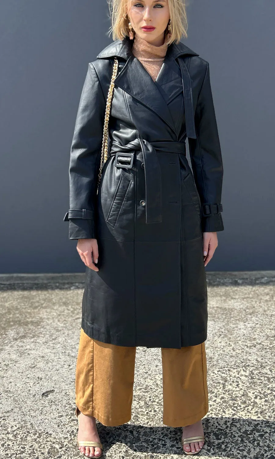 Sofia Irina Leather Trench Coat - Midnight Blue