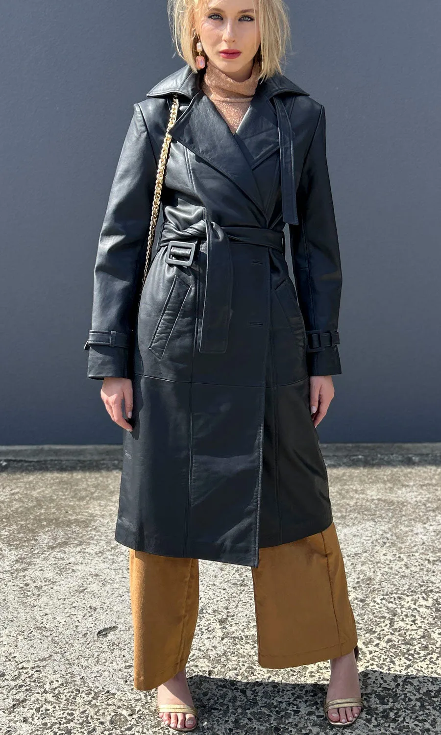 Sofia Irina Leather Trench Coat - Midnight Blue