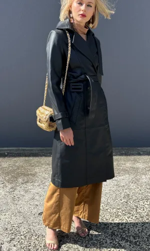 Sofia Irina Leather Trench Coat - Midnight Blue