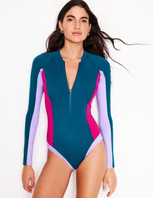 Sporty Raglan Sleeve Swimsuit-Oceanside Blue