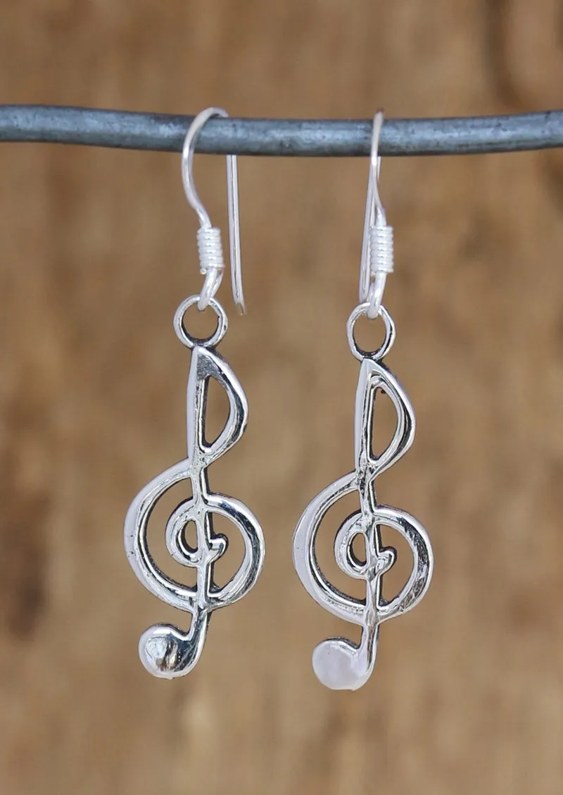 Treble Clef Silver Dangly Earrings