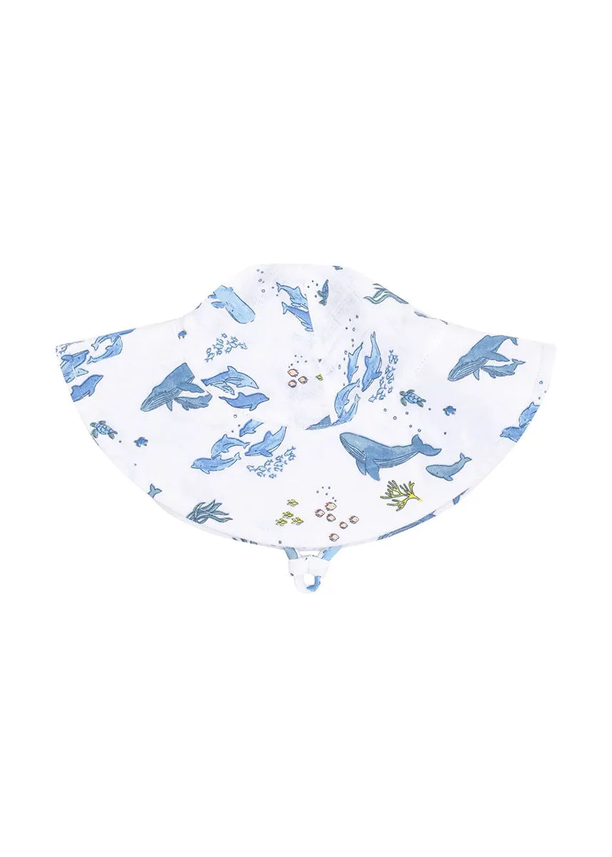 Wide Brim Sun Hat - Watercolor Blue Whales