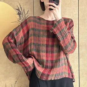 Women Spring Retro Linen Plaid Long Sleeve Shirt