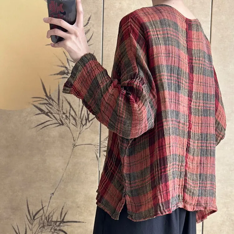 Women Spring Retro Linen Plaid Long Sleeve Shirt
