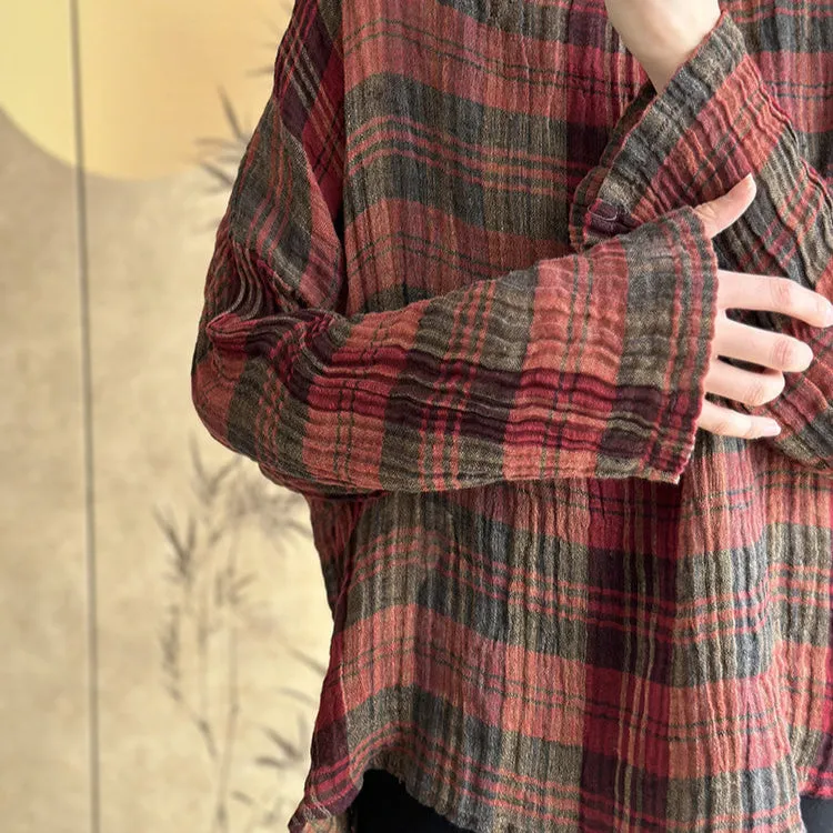 Women Spring Retro Linen Plaid Long Sleeve Shirt