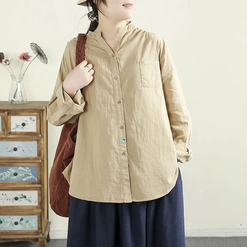 Women Spring Retro Pure Cotton V-Neck Relaxed Casual Shirt