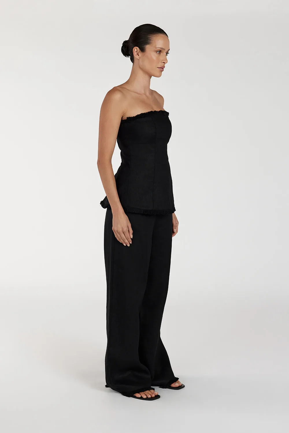 ZAHARA BLACK LINEN FRINGED PANT